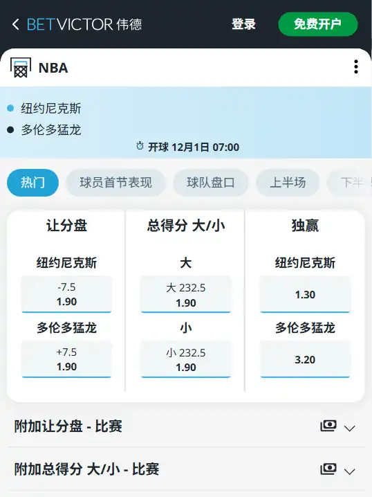 尼克斯vs猛龙-NBA博彩赔率和盘口信息-伟德(betvictor)提供