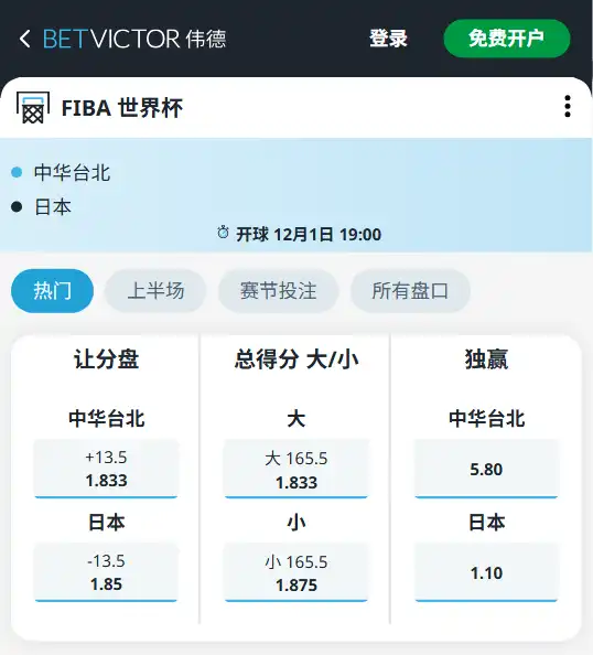 中华台北vs日本-NBA博彩赔率和盘口信息-伟德(betvictor)提供