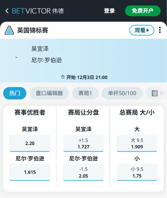 吴宜泽vs罗伯逊-斯洛克英锦赛博彩赔率和盘口信息-伟德(betvictor)提供
