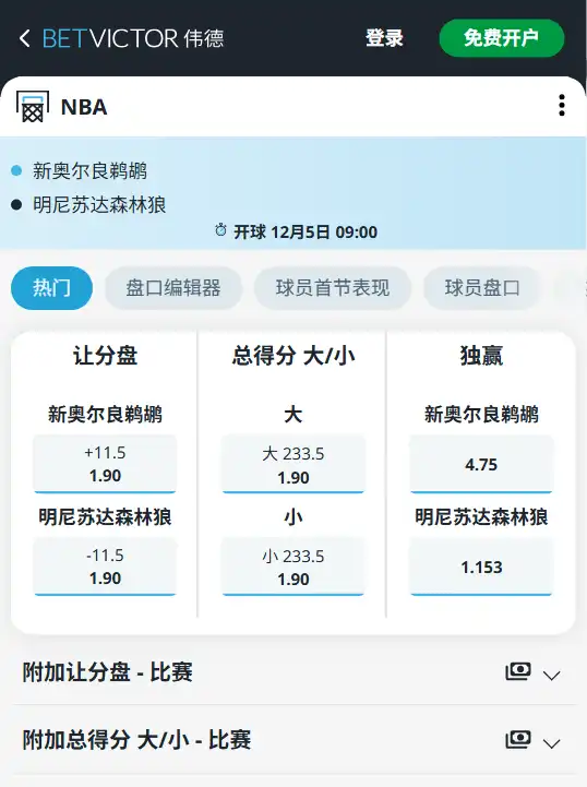 森林狼vs鹈鹕-NBA博彩赔率和盘口信息-伟德(betvictor)提供