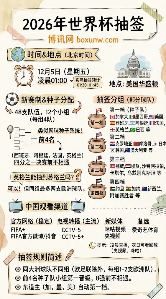2026年世界杯抽签：时间、地点、分组方式、种子队划分说明、赛制