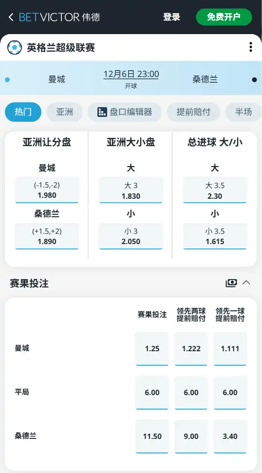 曼城vs桑德兰-英超博彩赔率和盘口信息-伟德(betvictor)提供