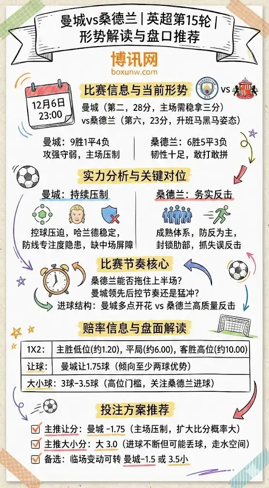 曼城vs桑德兰 | 英超第15轮 | 形势解读与盘口推荐