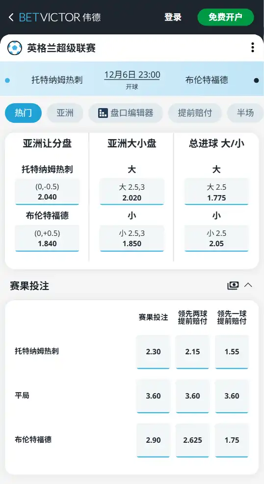 热刺vs布伦特福德-英超博彩赔率和盘口信息-伟德(betvictor)提供