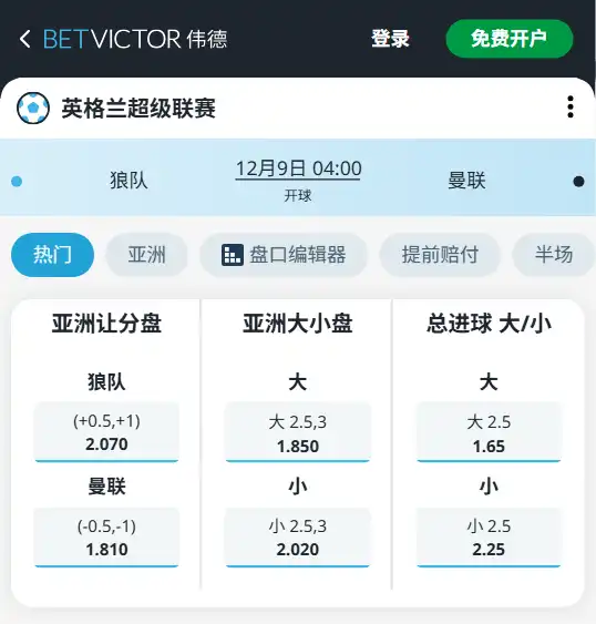 狼队vs曼联-英超博彩赔率和盘口信息-伟德(betvictor)提供