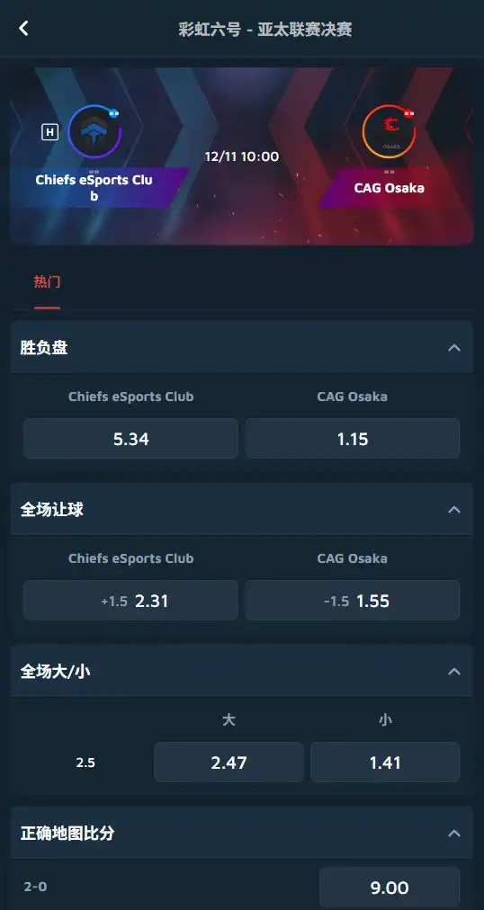 彩虹六号亚太联赛CHF vs CAG-博彩赔率和盘口信息-Dafabet提供