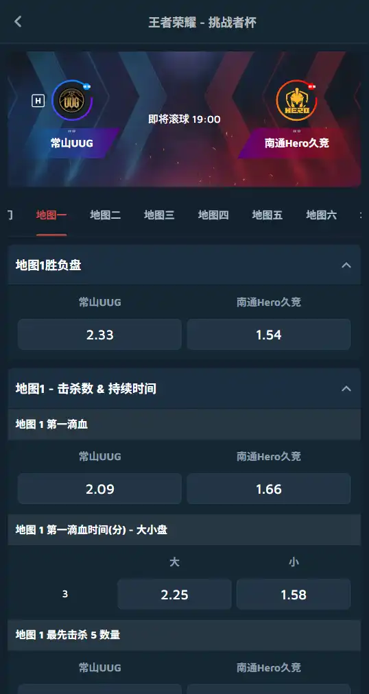 王者荣耀挑战者杯-常山UUG vs 南通Hero - 赔率和盘口信息-Dafabet提供