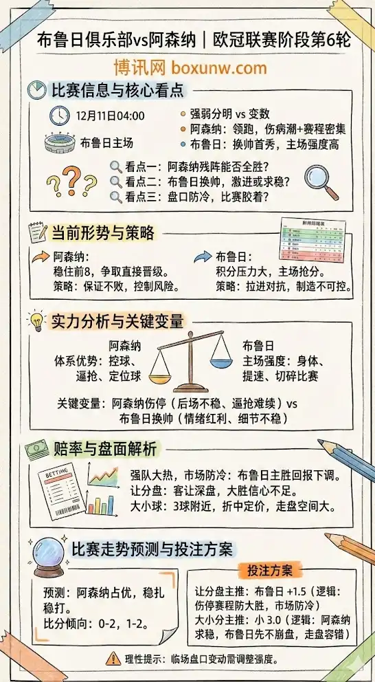 布鲁日vs阿森纳 | 欧冠联赛阶段第6轮 | 形势解析与投注技巧