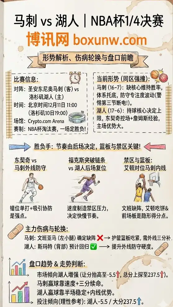 马刺vs湖人 | NBA杯1/4决赛 | 形势解析、伤病轮换与盘口前瞻