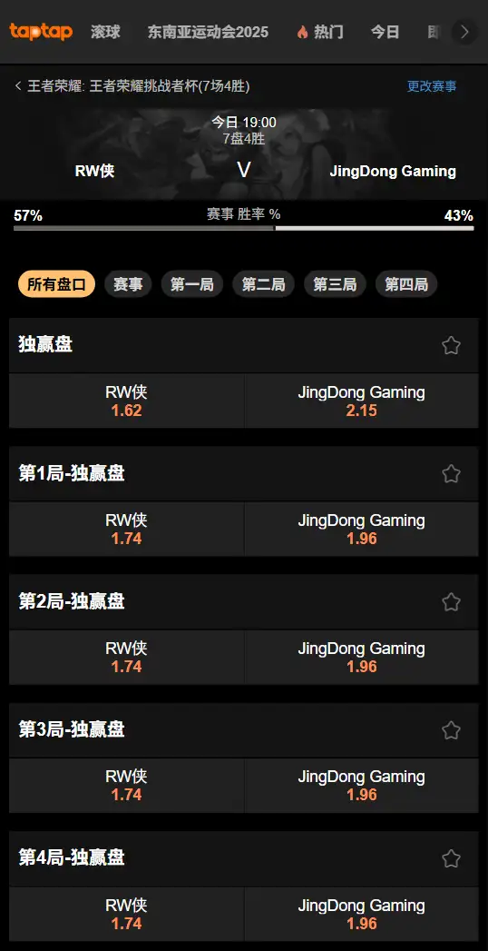 王者荣耀-挑战者杯-RW vs JDG-赔率和盘口信息-伟德(betvictor)提供