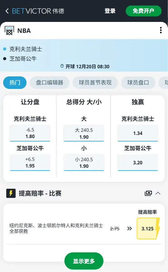 公牛vs骑士-NBA博彩赔率和盘口信息-伟德(betvictor)提供
