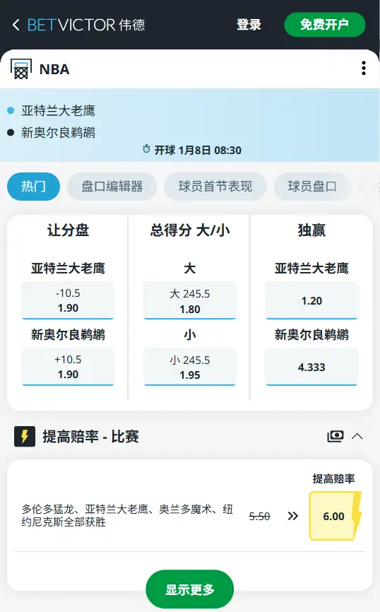 老鹰vs鹈鹕-NBA博彩赔率和盘口信息-伟德(betvictor)提供