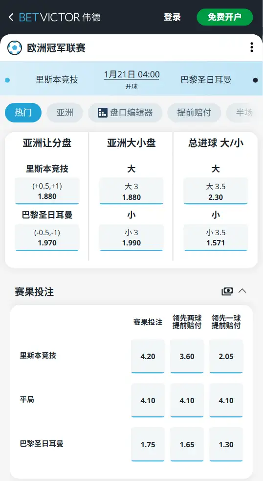 里斯本竞技vs巴黎圣日耳曼，欧冠赔率和盘口信息-伟德(BetVictor)提供