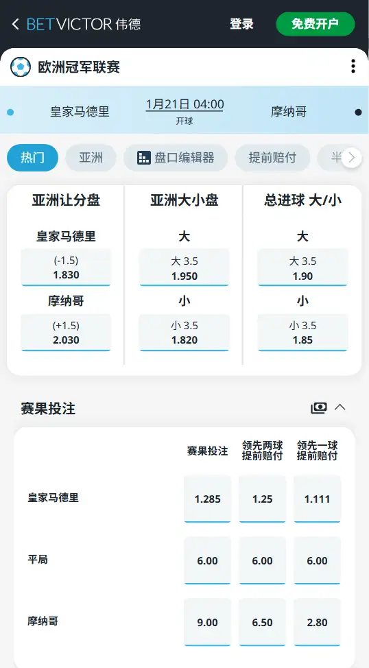 皇家马德里vs摩纳哥，欧冠赔率和盘口信息-伟德(BetVictor)提供
