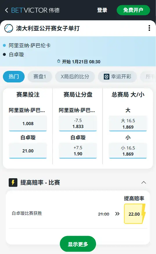 萨巴伦卡vs白卓璇 - 2026澳网女单赔率 - 伟德(BetVictor)