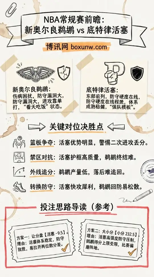 鹈鹕vs活塞 | NBA常规赛 | 前瞻分析、赔率走势、投注思路