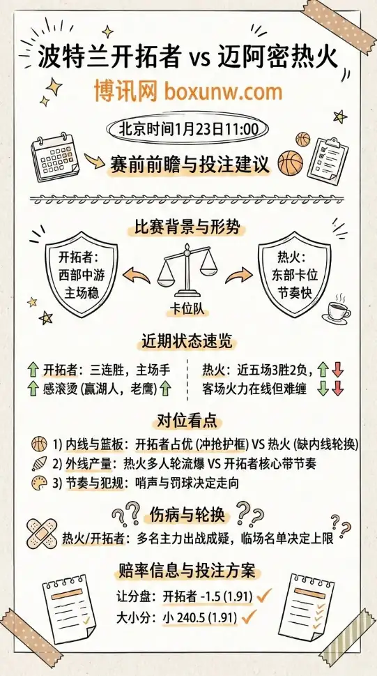 开拓者vs热火 | NBA常规赛 | 赔率走势、赛前前瞻与投注建议