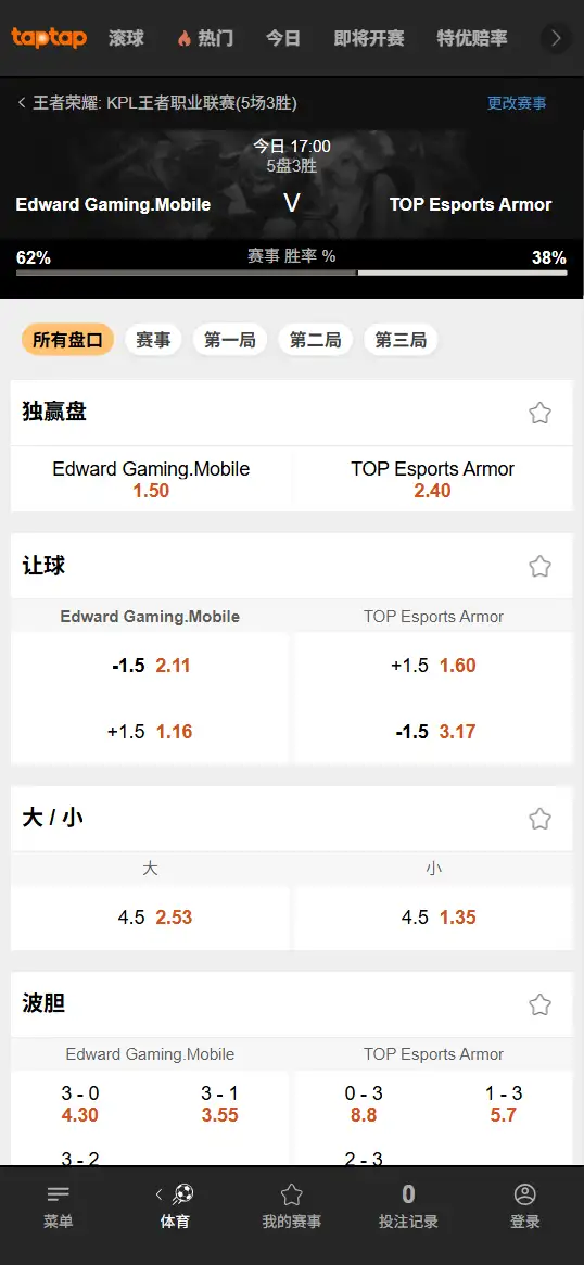 上海EDG.M vs 长沙TES.A - 2026王者荣耀KPL - 赔率盘口信息188bet(TapTap)提供