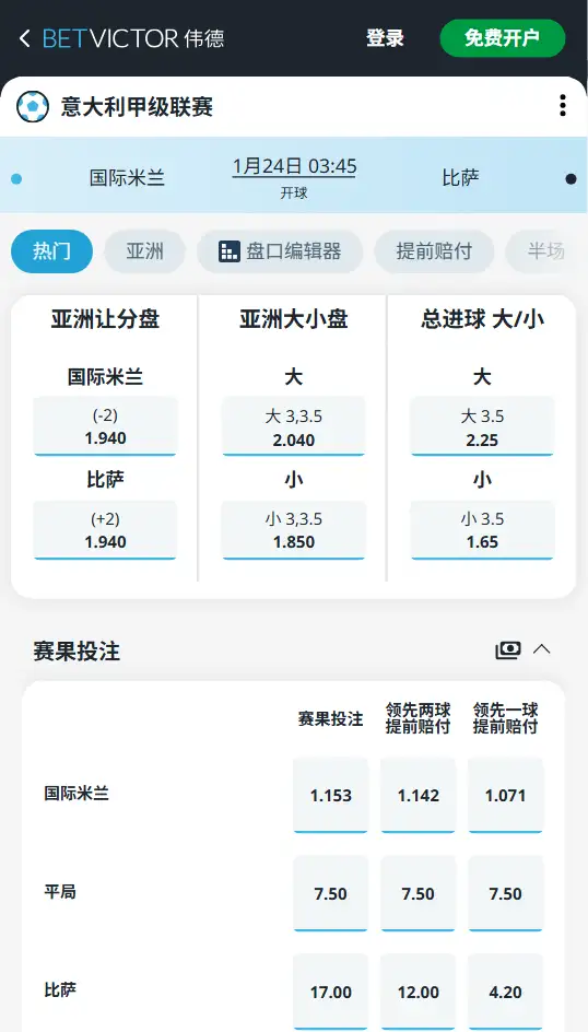 国际米兰vs比萨,意甲赔率和盘口信息-伟德(BetVictor)提供