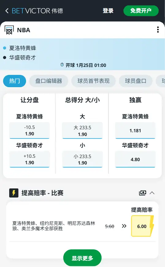 黄蜂vs奇才-NBA博彩赔率和盘口信息-伟德(betvictor)提供