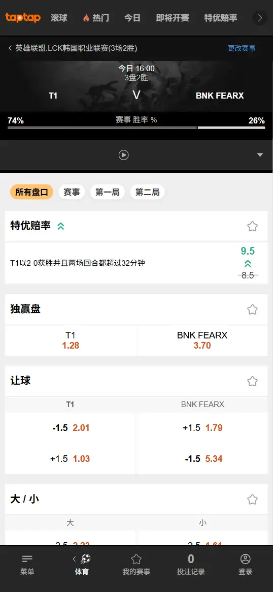 T1对战BFX - 2026英雄联盟LCK杯 - 赔率盘口信息188bet(TapTap)提供