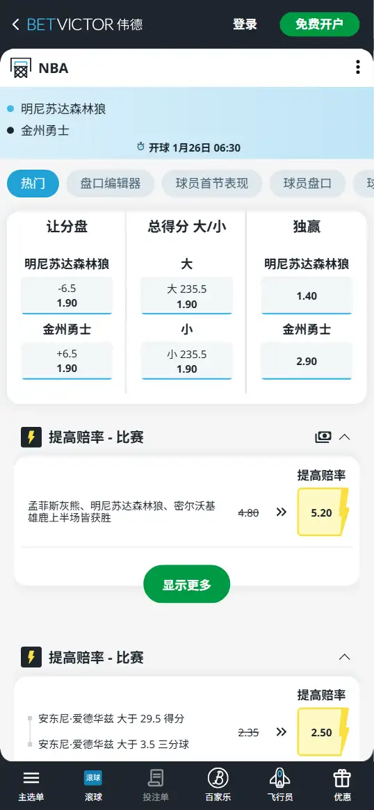 森林狼vs勇士-NBA博彩赔率和盘口信息-伟德(betvictor)提供
