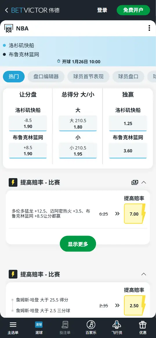快船vs篮网-NBA博彩赔率和盘口信息-伟德(betvictor)提供