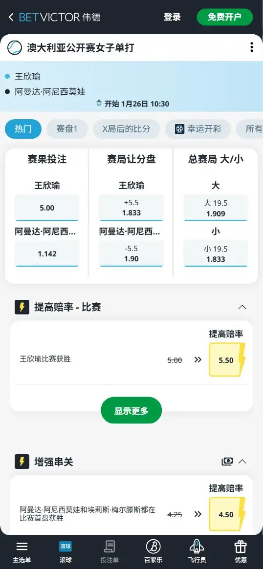 王欣瑜vs阿尼西莫娃 - 2026澳网女单赔率 - 伟德(BetVictor)