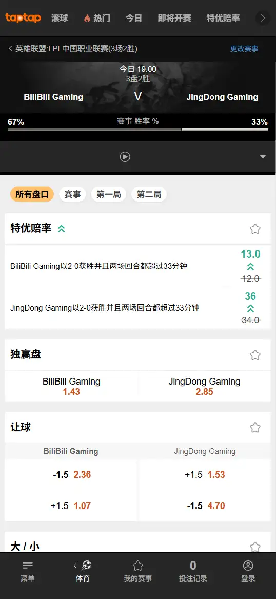 BLG对战JDG - 2026英雄联盟LPL - 赔率盘口信息188bet(TapTap)提供