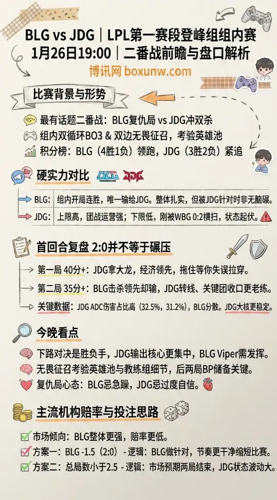 BLG对战JDG | LPL第一赛段登峰组 | 赔率走势 | 二番战前瞻与盘口解析