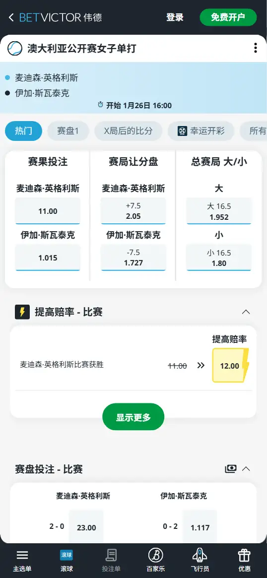 英格利斯vs斯瓦泰克 - 2026澳网女单 - 赔率盘口信息 - 伟德(BetVictor)