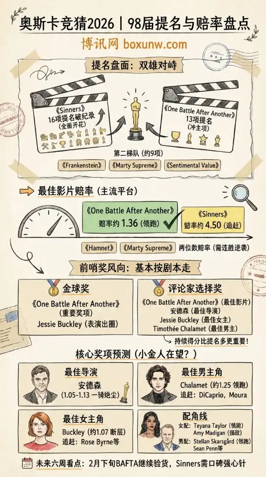 奥斯卡竞猜2026|98届奥斯卡赔率盘点|《一战再战》领跑,《罪人》16项破纪录