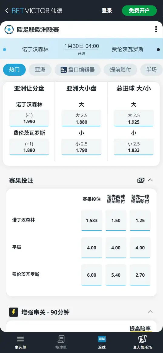 诺丁汉森林vs费伦茨瓦罗斯，欧联赔率和盘口信息-伟德(BetVictor)提供