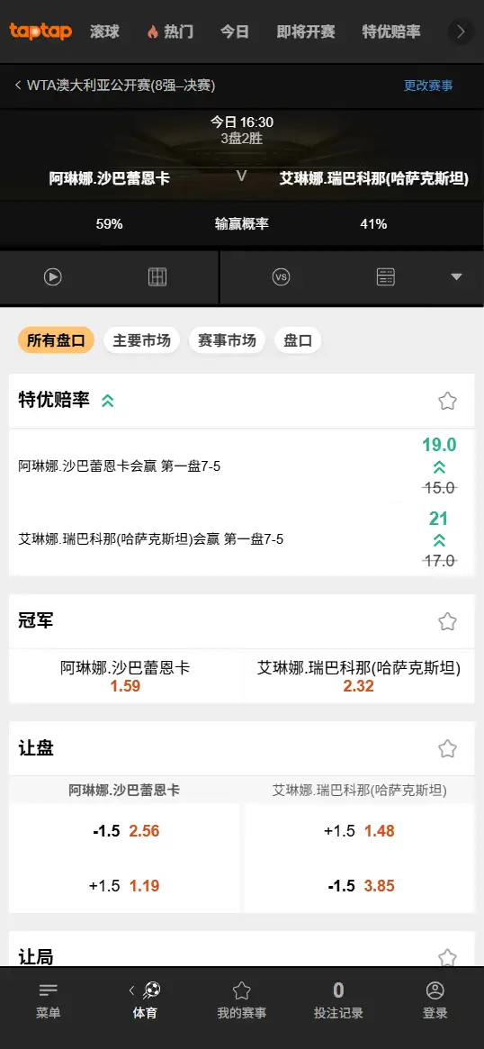 萨巴伦卡vs莱巴金娜 - 2026澳网女单决赛 - 赔率盘口信息 - 188bet(TapTap)