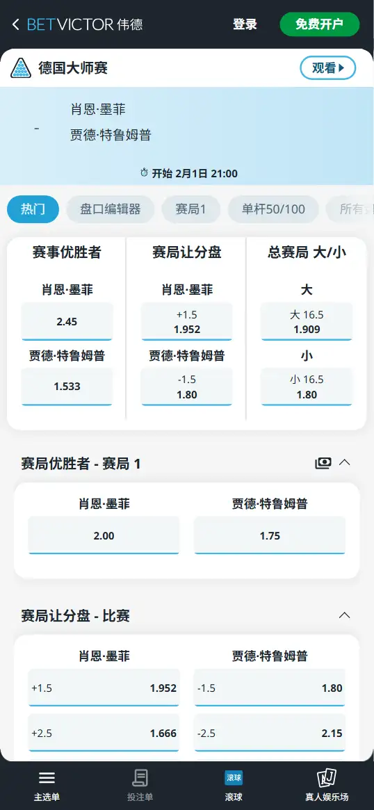 斯诺克德国大师赛决赛-赔率和盘口信息 - 伟德(BetVictor)
