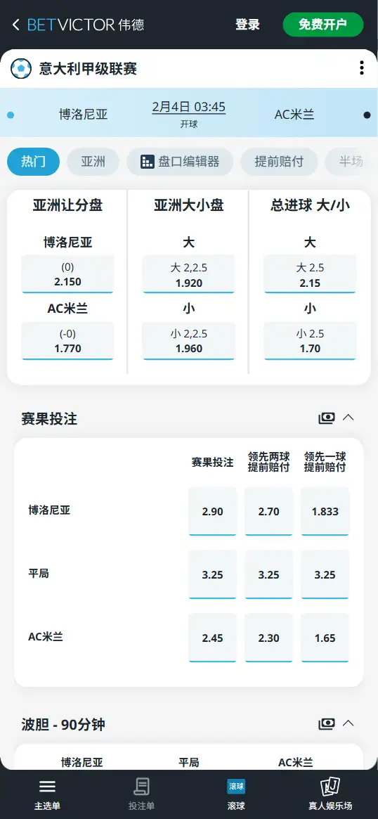 博洛尼亚vsAC米兰，意甲赔率和盘口信息-伟德(BetVictor)提供