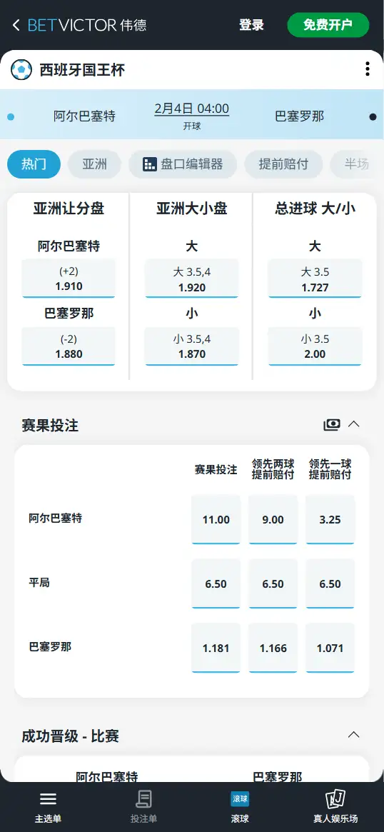 阿尔巴塞特vs巴塞罗那，西班牙国王杯赔率和盘口信息-伟德(BetVictor)提供
